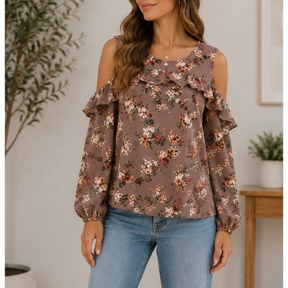 Floral Cold Shoulder Ruffle Blouse Mauve Long Sleeve Boho Top Size-L